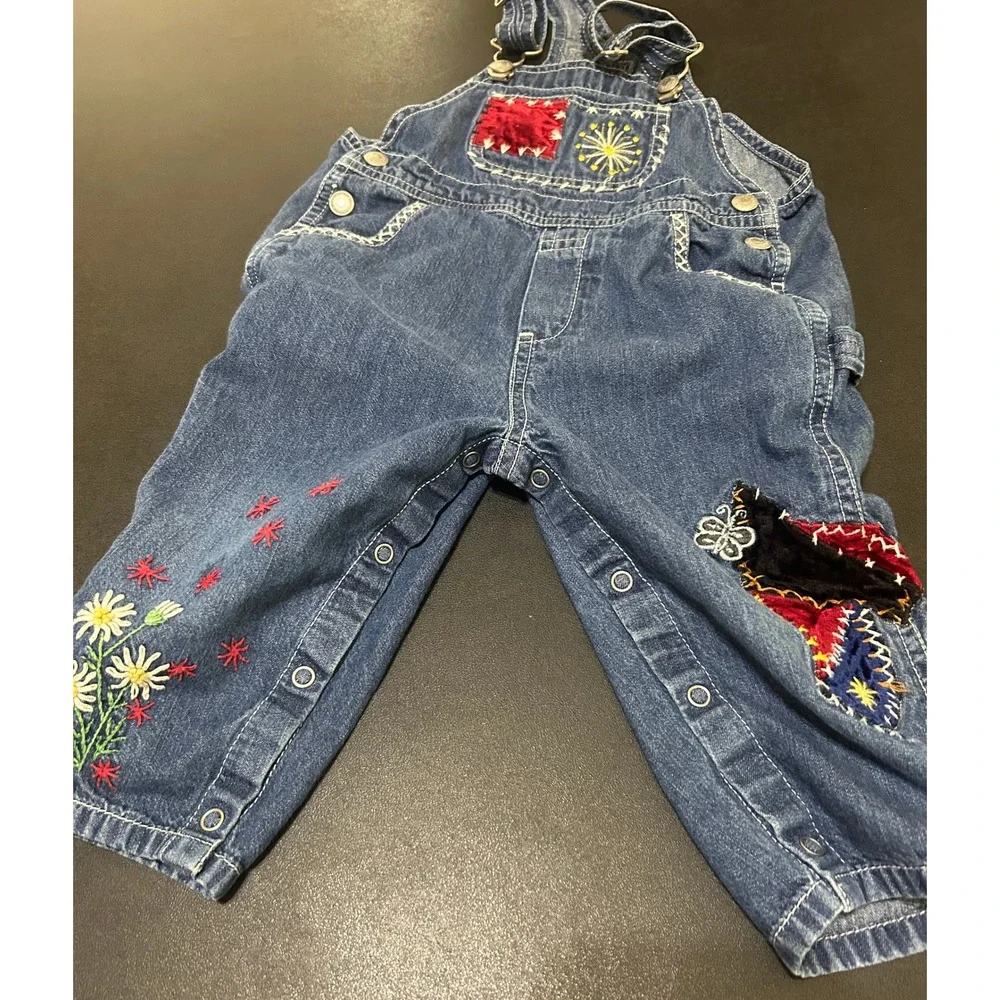 VTG 90s Baby Gap Denim Overalls Girls 18-24 Month Embroidered Patchwork Bibs Y2K